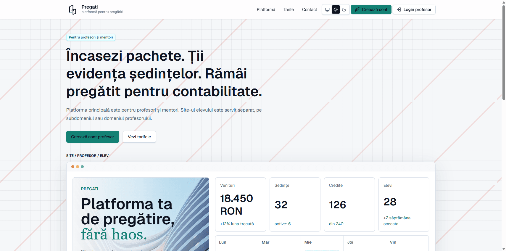 Pagina de funcționalități Pregati cu servicii, pachete, calendar, plăți și rapoarte