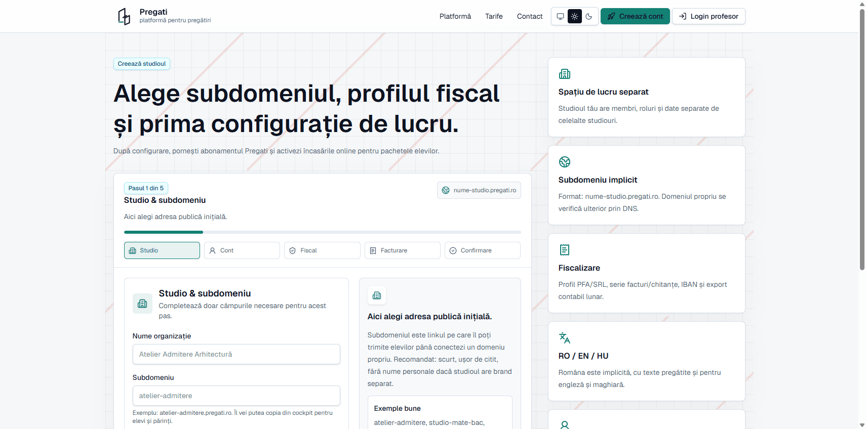 Configurarea studioului Pregati pentru un profesor independent