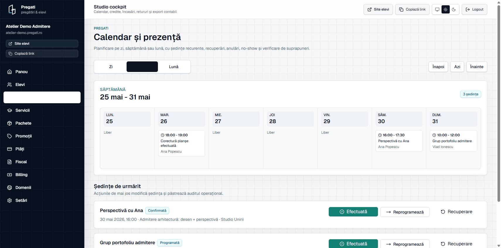 Calendar Pregati pentru profesor cu programări și statusuri de ședințe