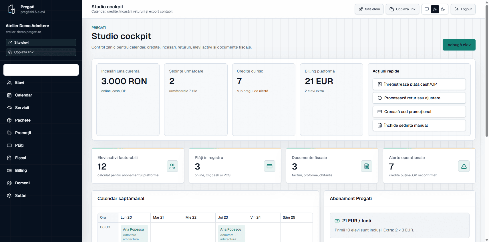 Dashboard Pregati cu venituri, ședințe, credite, elevi și activitate recentă
